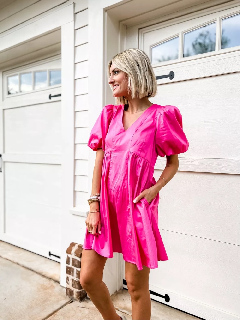 Crosby by Millie Burch Bright Pink Puff Sleeve V-Neck Dress